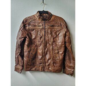 BKE Buckle Women's Brown Faux Leather Moto Biker Jacket Distressed Zip Large